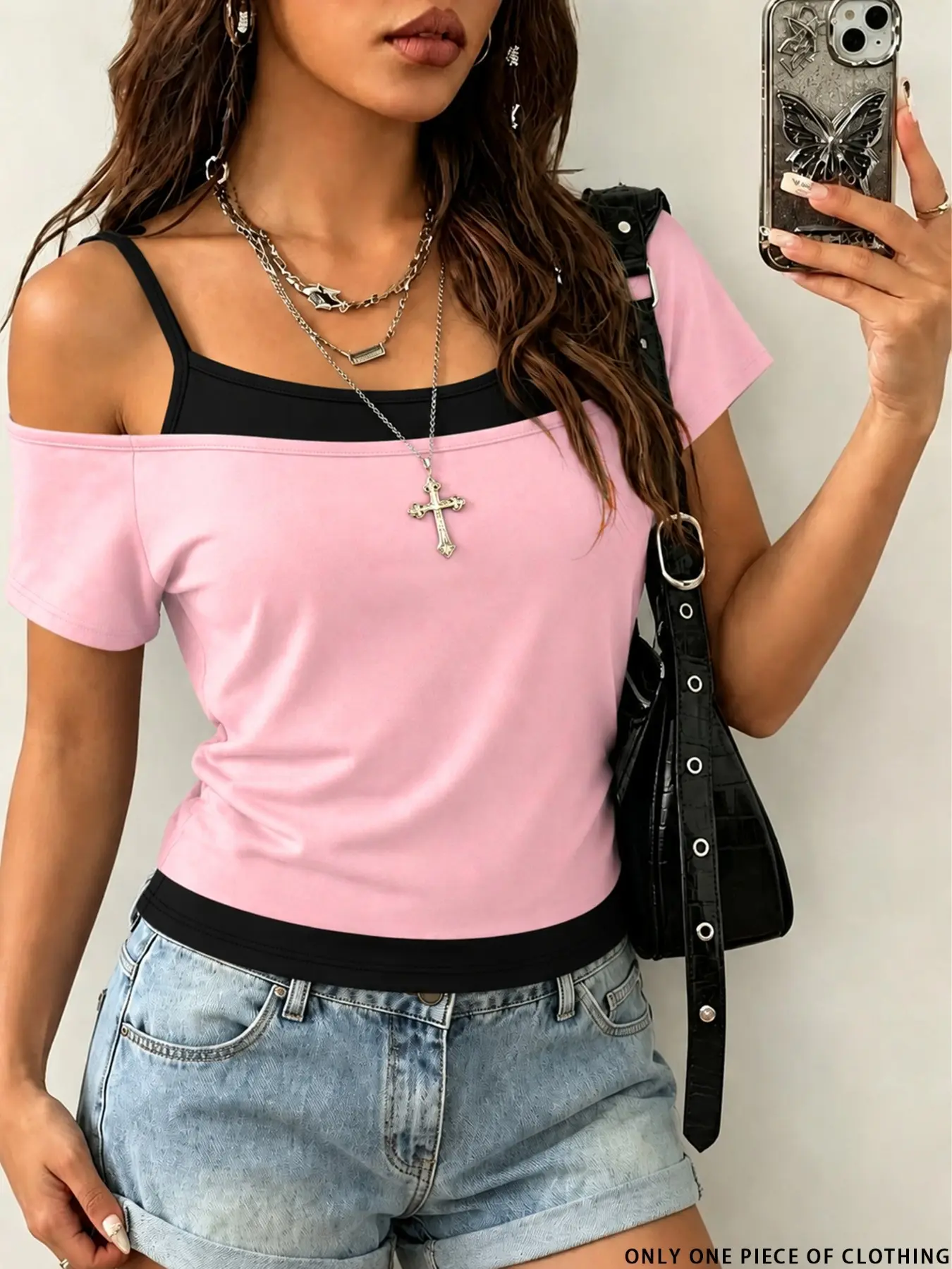 2026 Summer Y2K Hot Girl Off-Shoulder Faux Two-Piece Tee | Sweet Slimming Layered Look | Lightweight Breathable Cool Soft | Daily Commute/Fest/Beach | US 250th/World Sports Game Day Gear|BacktoSchool/Wedding/Halloween/BF/Xmas/NYE Vibe | Top Only