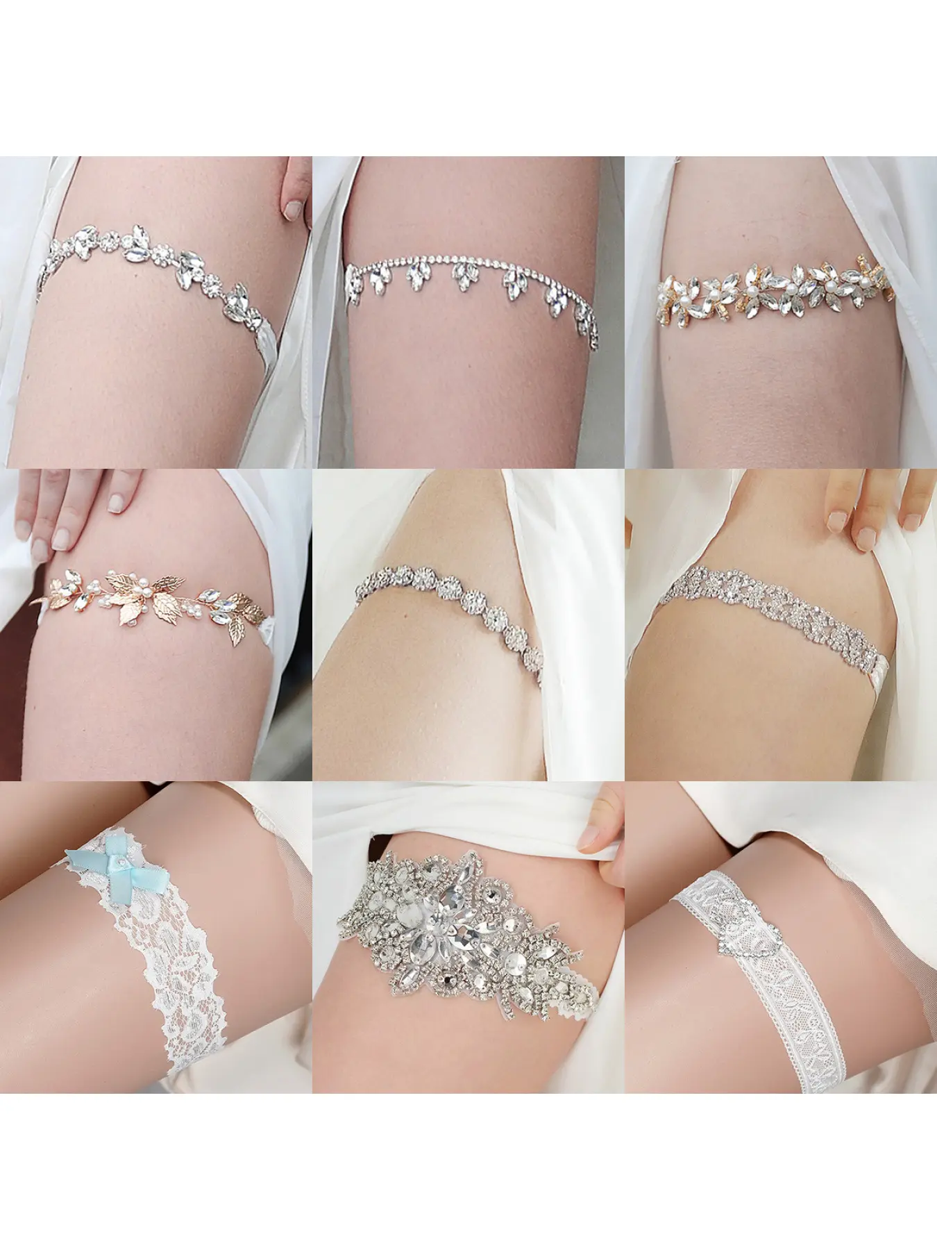 Elegant White Wedding Garter Set for Bride, Satin Lace Bow Flower Rhinestone Elastic Bridal Leg Garters, Romantic Bridal Shower Wedding Day Prom Party Keepsake Accessory Gift