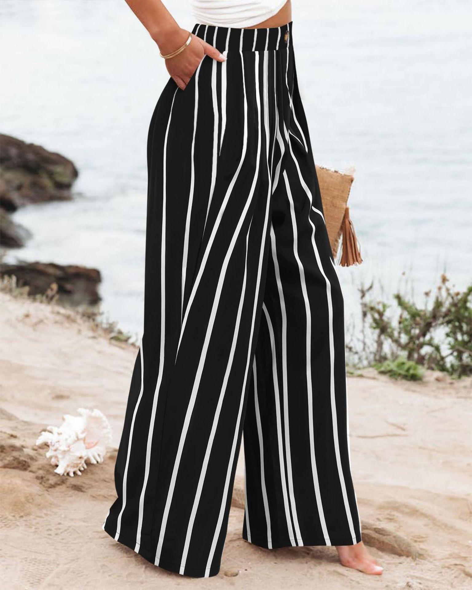 Women's Commuting and Vacation Summer Comfortable High-Waisted Long Pants with Buttons, Elastic Waist, Wide-Leg Casual Straight Pants