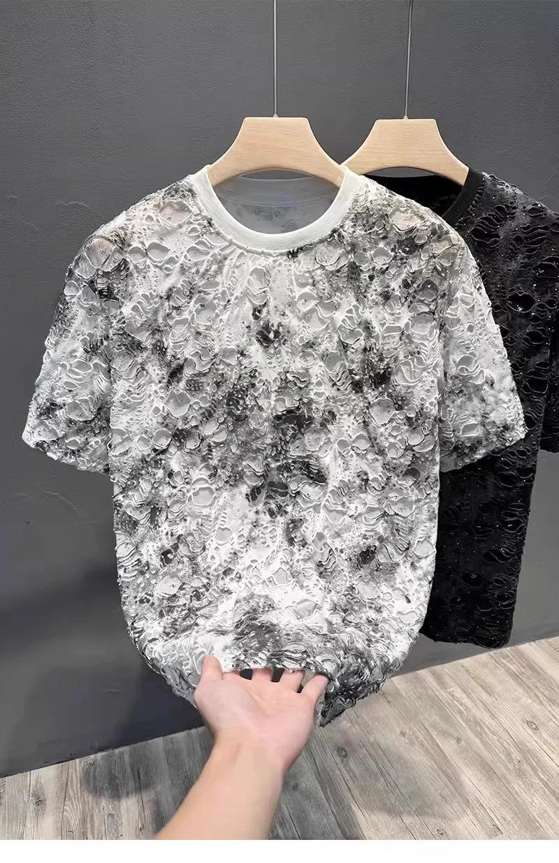 Summer 2026 Trendy Brand Men's T-shirt Loose Casual All-Match Tie-Dye Hole Design round Neck Short Sleeve Breathable