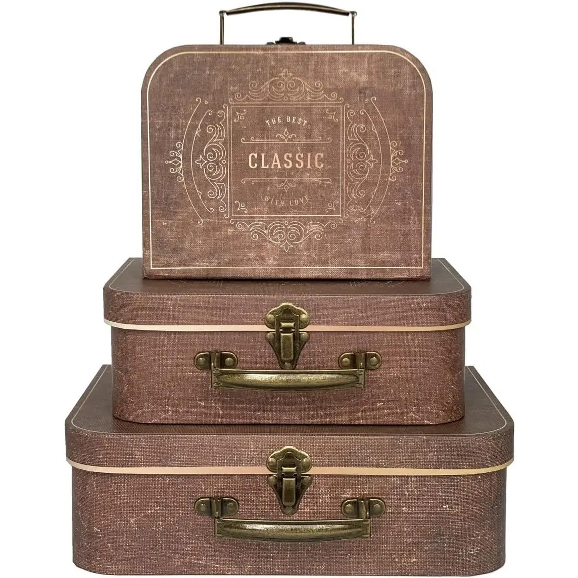 Decorative Storage Box Set of 3 with ,  & Photo Box, Brown Suitcase Memento Case