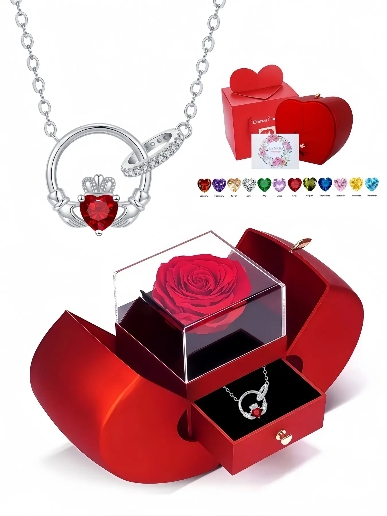 "Crown Claddagh Bond Necklace", elegant double-loop birthstone zircon choker for women, matched with apple-shaped preserved rose jewelry box, ideal gift for birthdays, Mother’s Day and Valentine’s Day.