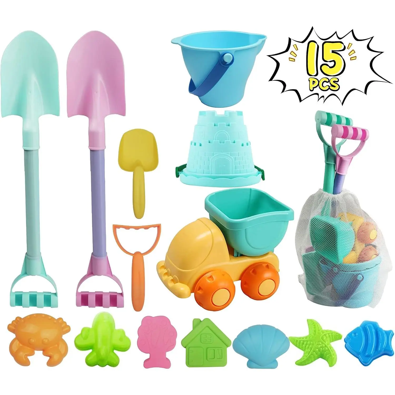 Long Shovels Sand Toys Set with Mesh Bag Including Dump Truck, Beach Buckets, Shovels, Rakes, Molds, Outdoor Beach Toy Tool Kit for Kids, Toddlers, Boys 1and Girls (15 PCS) Age 3+