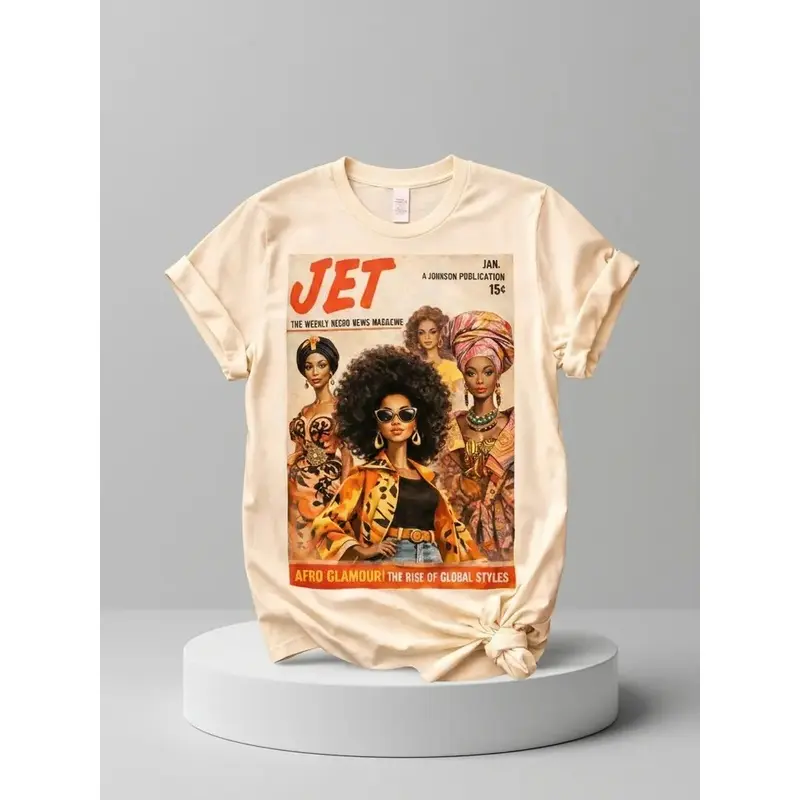 Women's Casual Short-Sleeve Cotton Fabric Fit Afrocentric Vintage Magazine Graphic T-Shirt - Glamour Fall Art Tee Gift