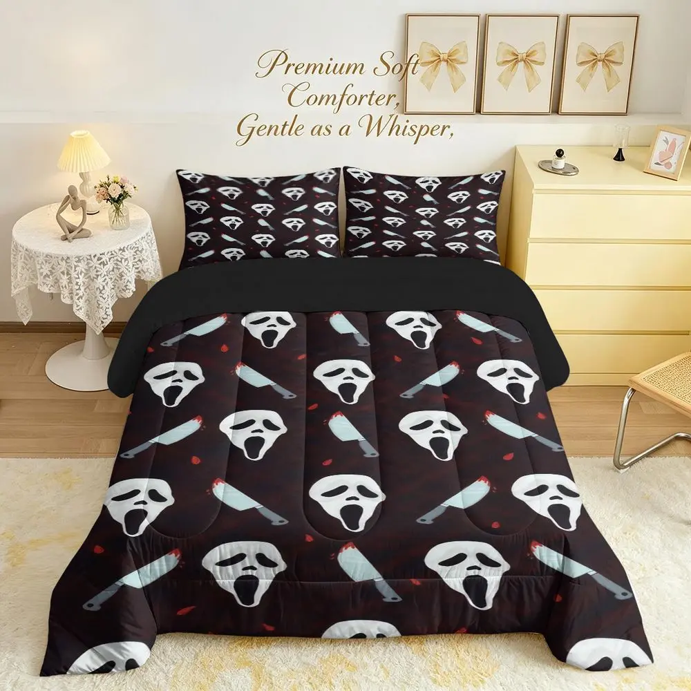 3Pcs Ghost Face Printed Comforter Set (1 Quilt, 2 Pillowcases), Spooky Horror Themed Bedding Set, Soft Breathable Quilted Quilt for All Seasons, Perfect for Halloween Bedroom Decor