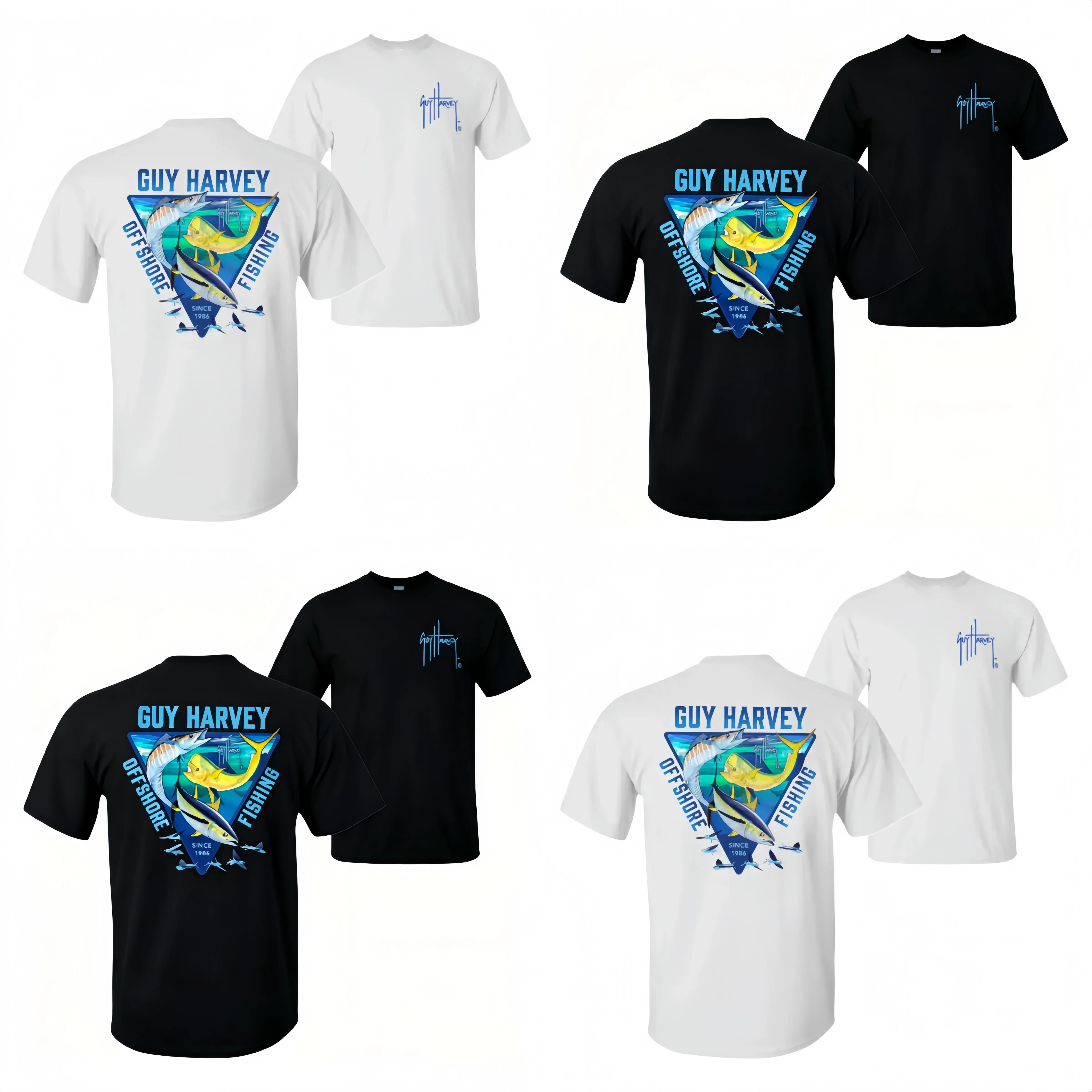 Guy Harvey Trifecta Offshore Tropical Short-Sleeve Casual Sport T-Shirt, Marlin-Sailfish-Mahi Mahi Graphic, Soft Cotton Blend Menswear Fishing Apparel for Men-Women, Shortsleeve, Tshirt