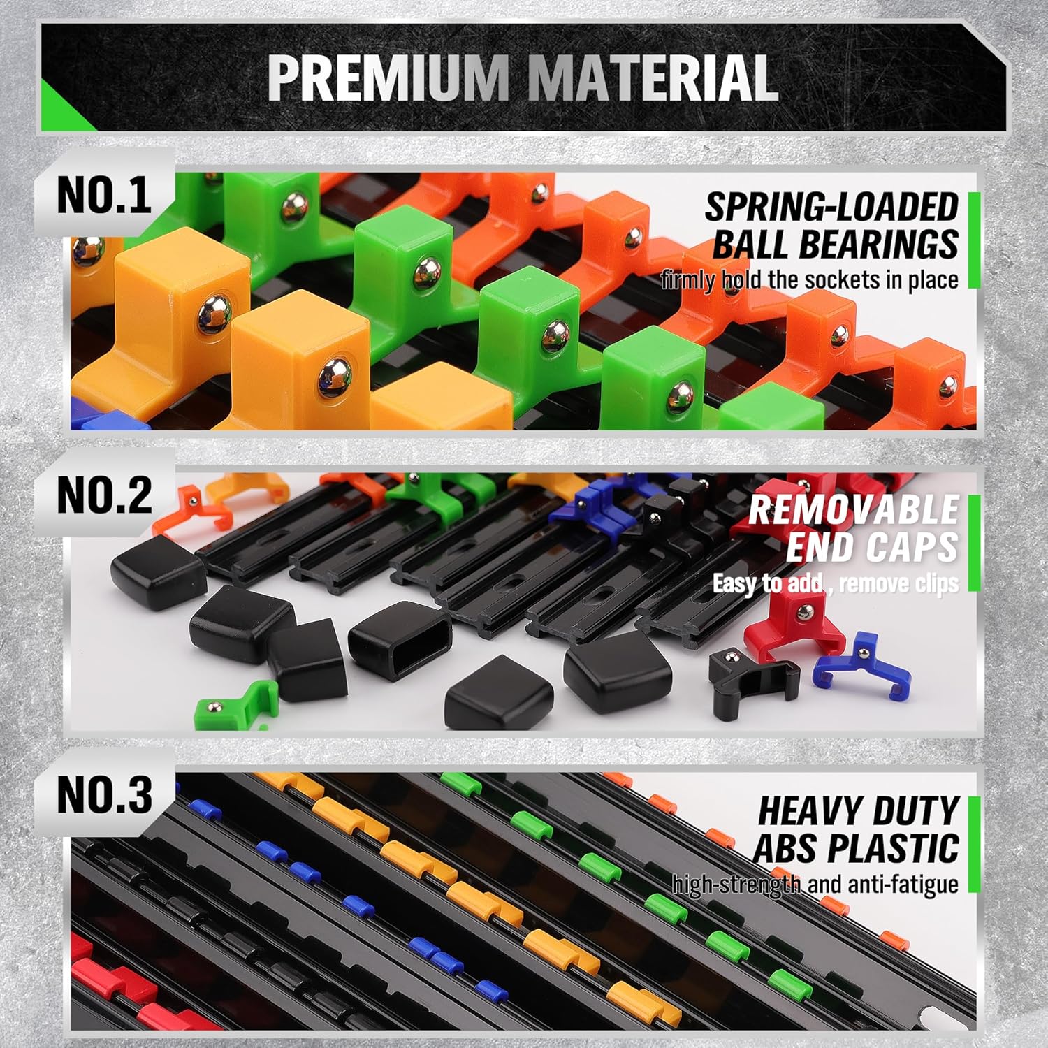 Socket Organizer Set 18-, 1/4-Inch x 96 Clips, 3/8-Inch x 90 Clips, 1/2-Inch x 72 Clips, Socket Organizer for Tool Box Drawer, Drive Socket Trays, Socket Holder Clip Rail