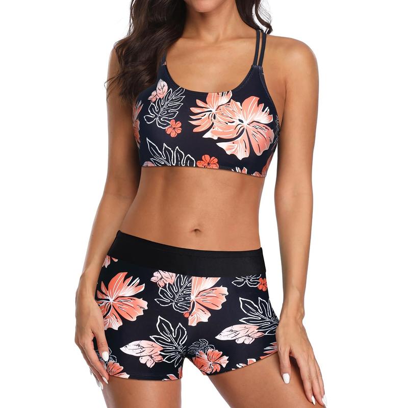 Holipick Three Piece Tankini Set Swimsuits for Women Bathing Suits Swim Tank Top with Bra Boy Shorts Teens Girls Swimwear