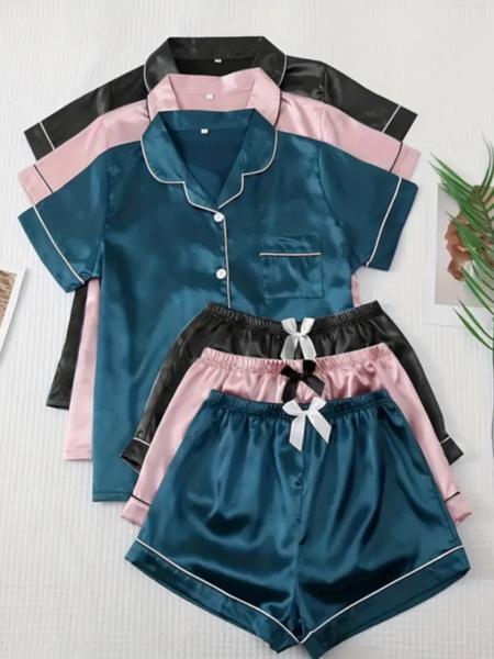 Women's Solid Contrast Binding Bow Decor Pajama Set, Short Sleeve Button Front Lapel Shirt & Shorts Pj Set, Ladies Summer Sleepwear & Loungewear