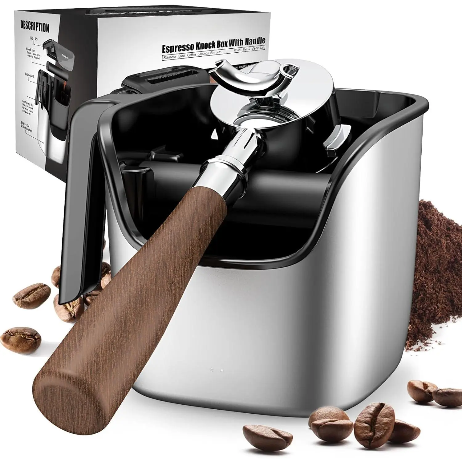 304 Stainless Steel Rectangular Espresso Knock Box with Lid - Single Unit Home Coffee Bar Storage Container, Removable Knock Bar, Anti-Skid Base, Easy-Grip Handle, Easy-to-Clean Coffee Grounds Holder