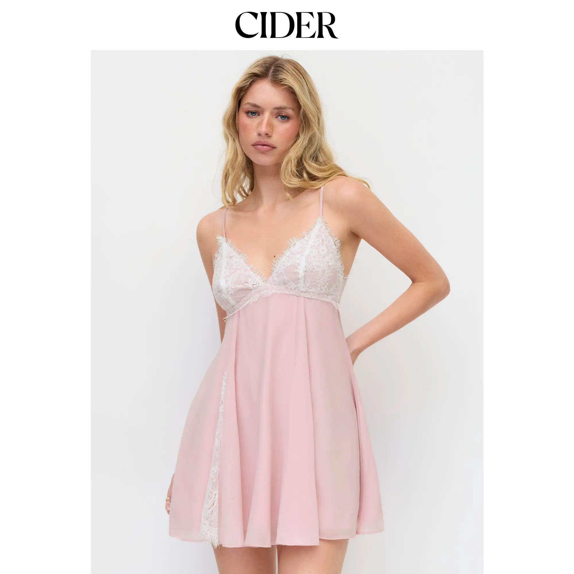 Cider Chiffon Lace V-neck Patchy Mini Dress Cider Chiffon Lace V-neck Patchy Mini Dress