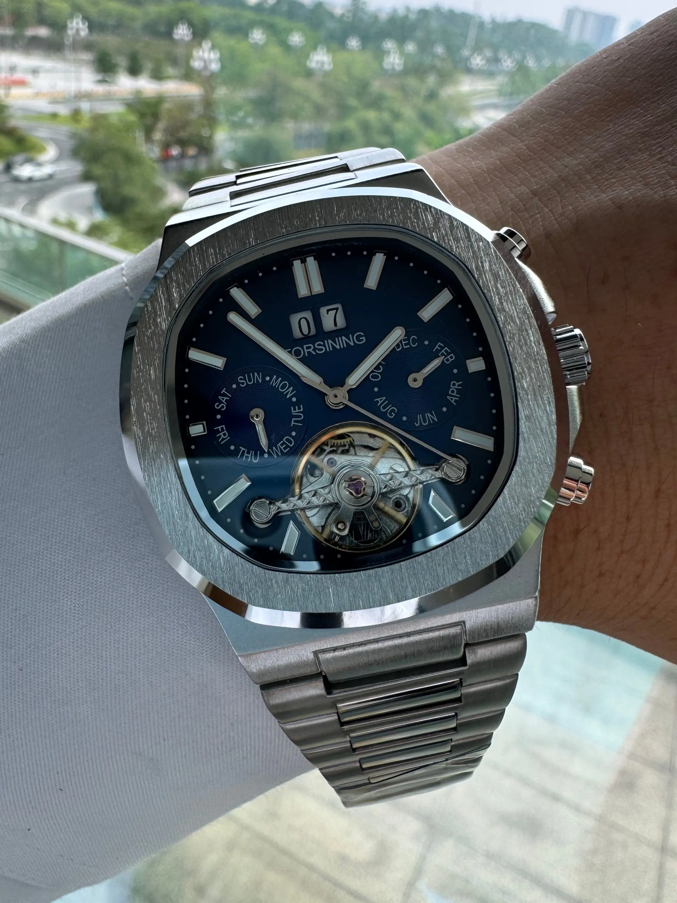 1pc Fashion Tourbillon Skeleton Automatic Mechanical Classic Analog Watch for Men Moon Phase Top Brand Luxury Business Mens Watches Stainless Steel Strap Casual Elegant Wristwatches