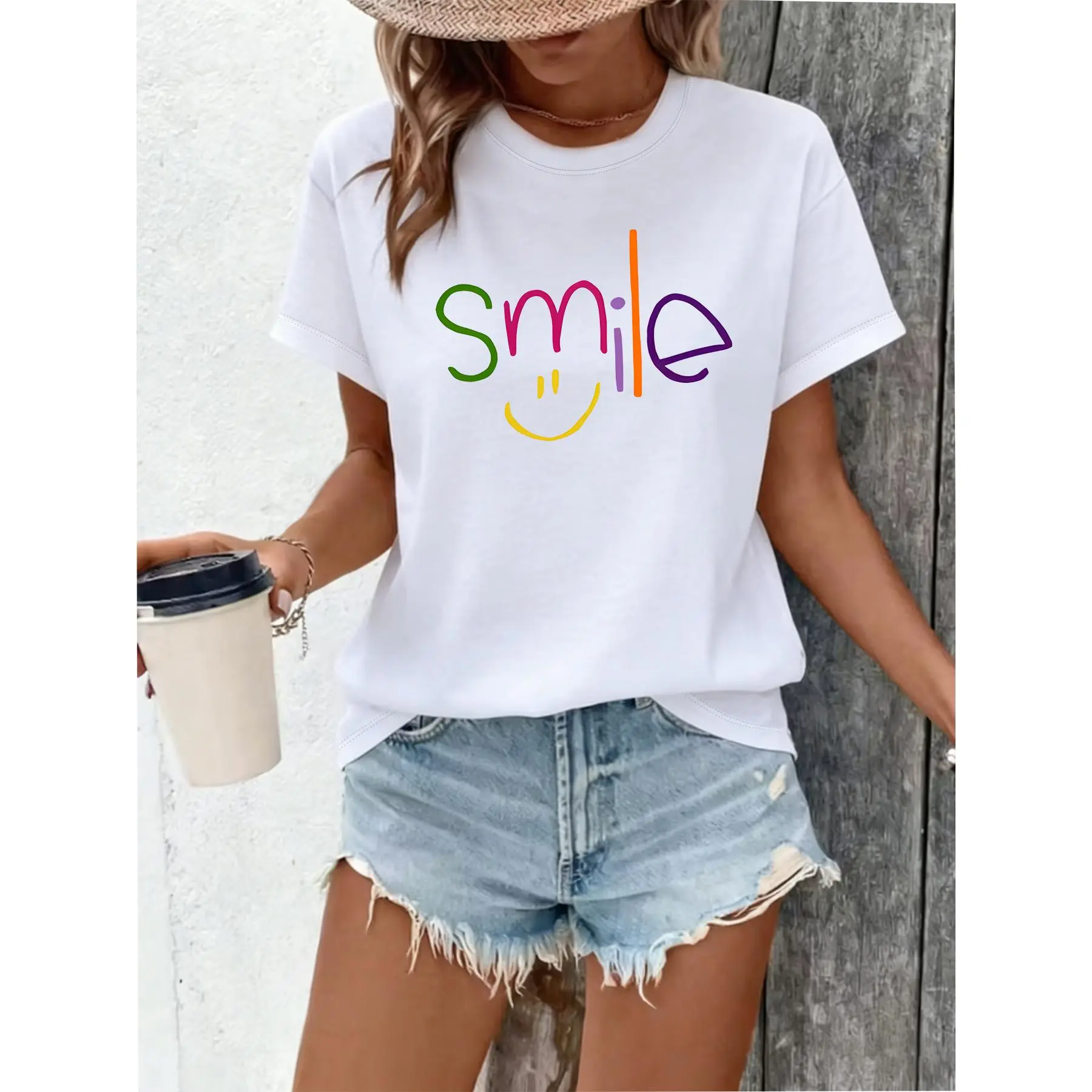 Women's 100% Cotton Smile T-Shirt - Colorful Hand-Lettering Graphic, Round Neck, Short Sleeve, Breathable Fabric, Relaxed Fit, Positive Vibe Apparel for Lady, S-5XL, Black/White, All Seasons, Machine Washable Gift Top