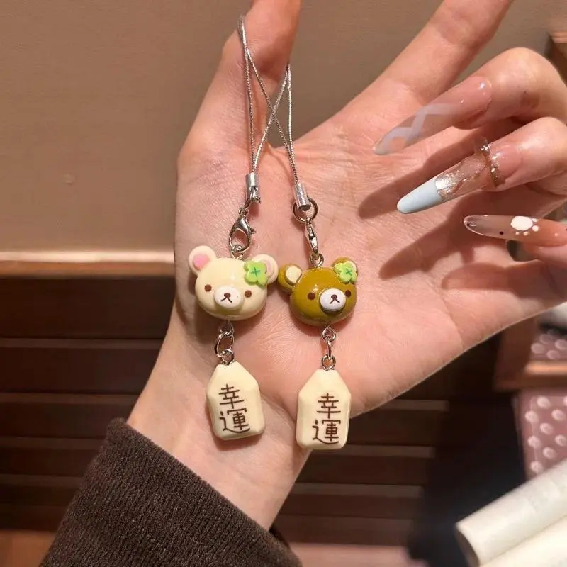Lucky Clover Rilakkuma Lucky Charm Phone Pendant - Anime Relax Bear Metal Clamp Accessory, Fashion Decor for Bags Cameras, Ideal for Girls, Mobile, Steel Clamp