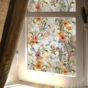 1pc Static Adhesive Colorful Glass Window Film, Floral/leaf Design, Rainbow Prism Privacy Membrane, Insulated and UV-Protective, Home Office Decor