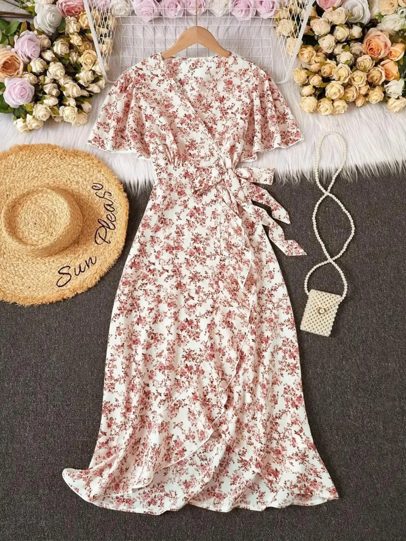 Women's V Neck Ditsy Floral Wrap Midi Dress, Short Flutter Sleeve, Tie Waist, Boho Summer Sundress, A-Line Vacation