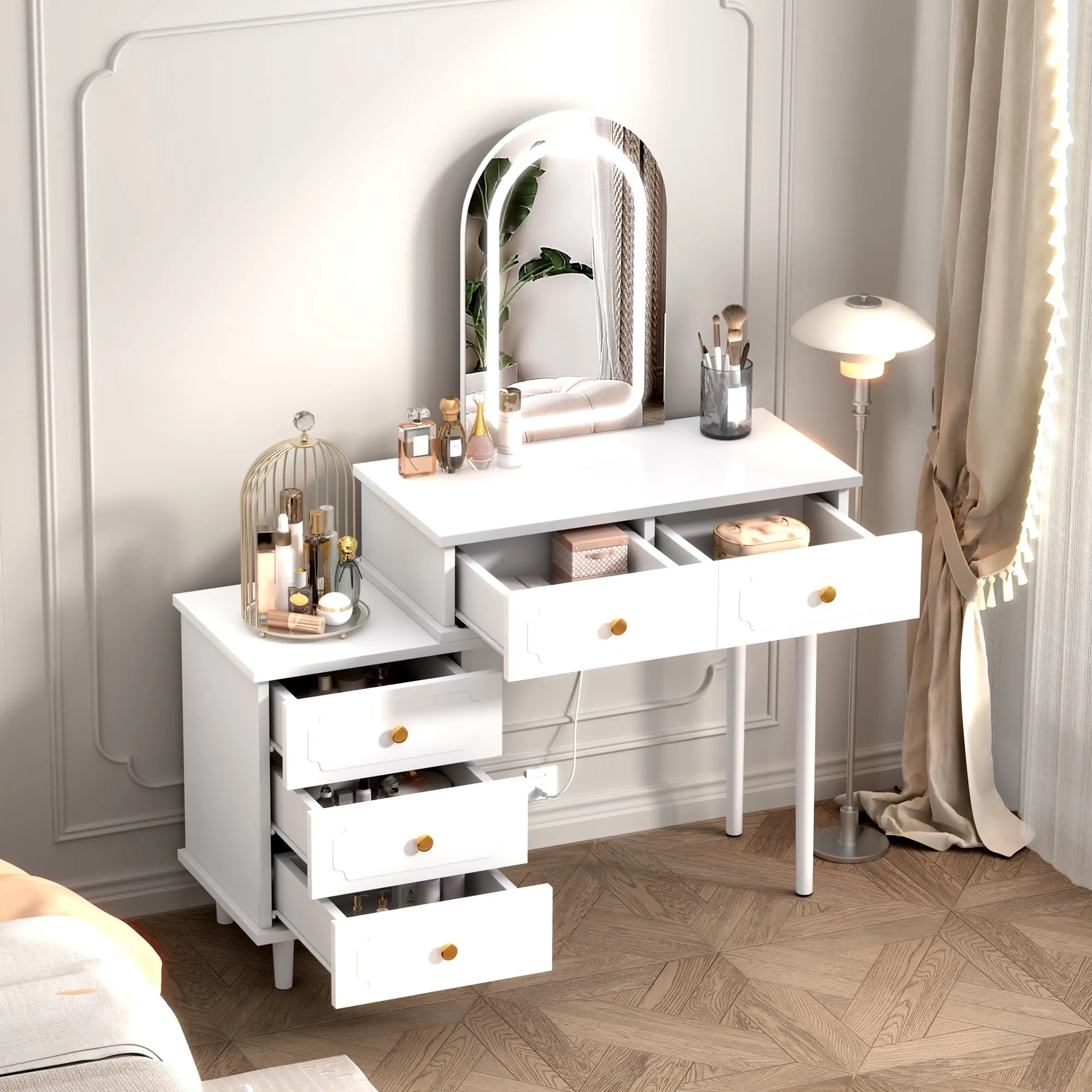 Modern Makeup Vanity Desk with Mirror and Lights – Wood Dressing Table with 2 Drawers & Adjustable 3-Drawer Cabinet – for Bedroom