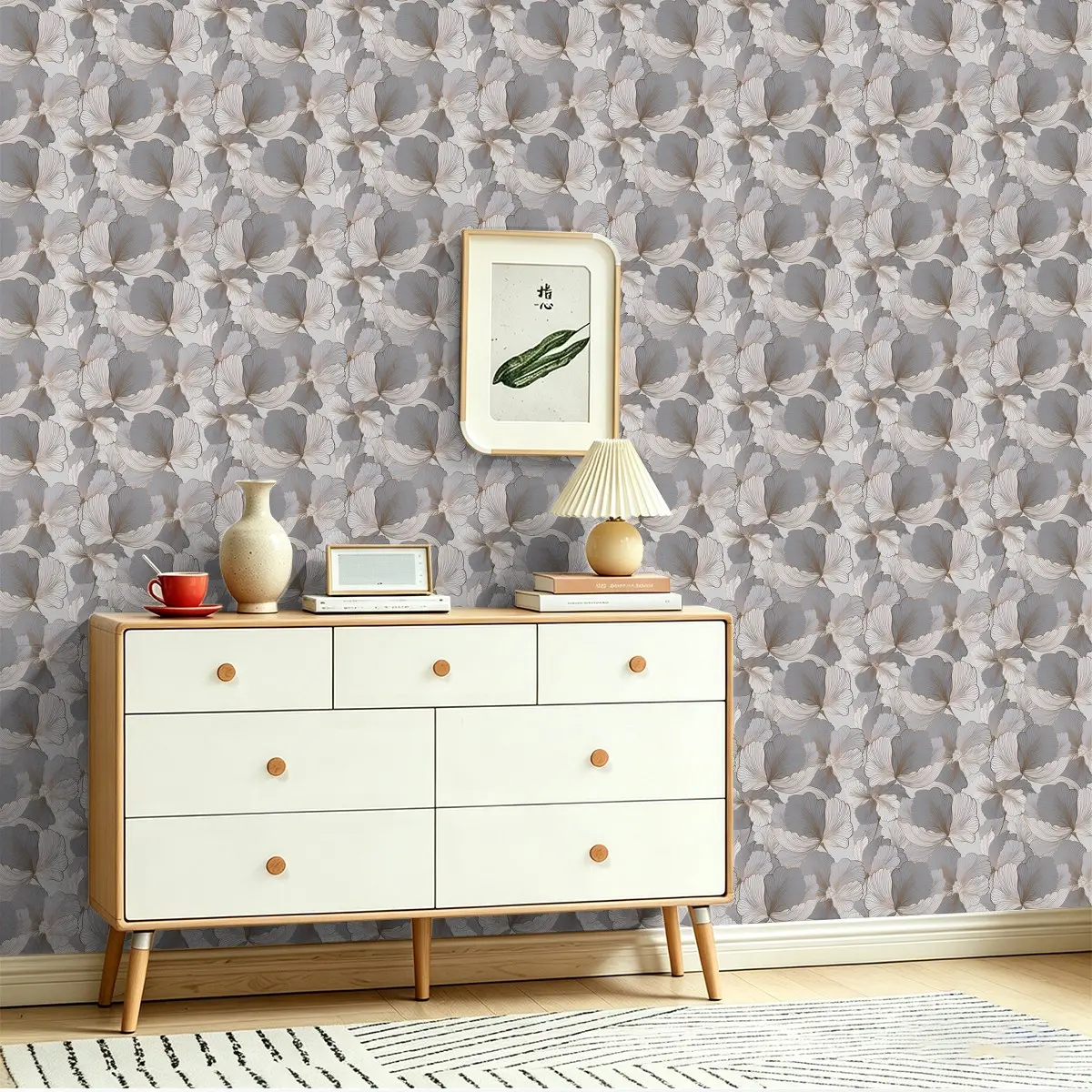 Seamless Peel and Stick Wall Paper, Vintage Ginkgo Leaf Pattern, PVC Wallpaper for Kitchen Bedroom Store Classroom, Removable Decorative Wall Art