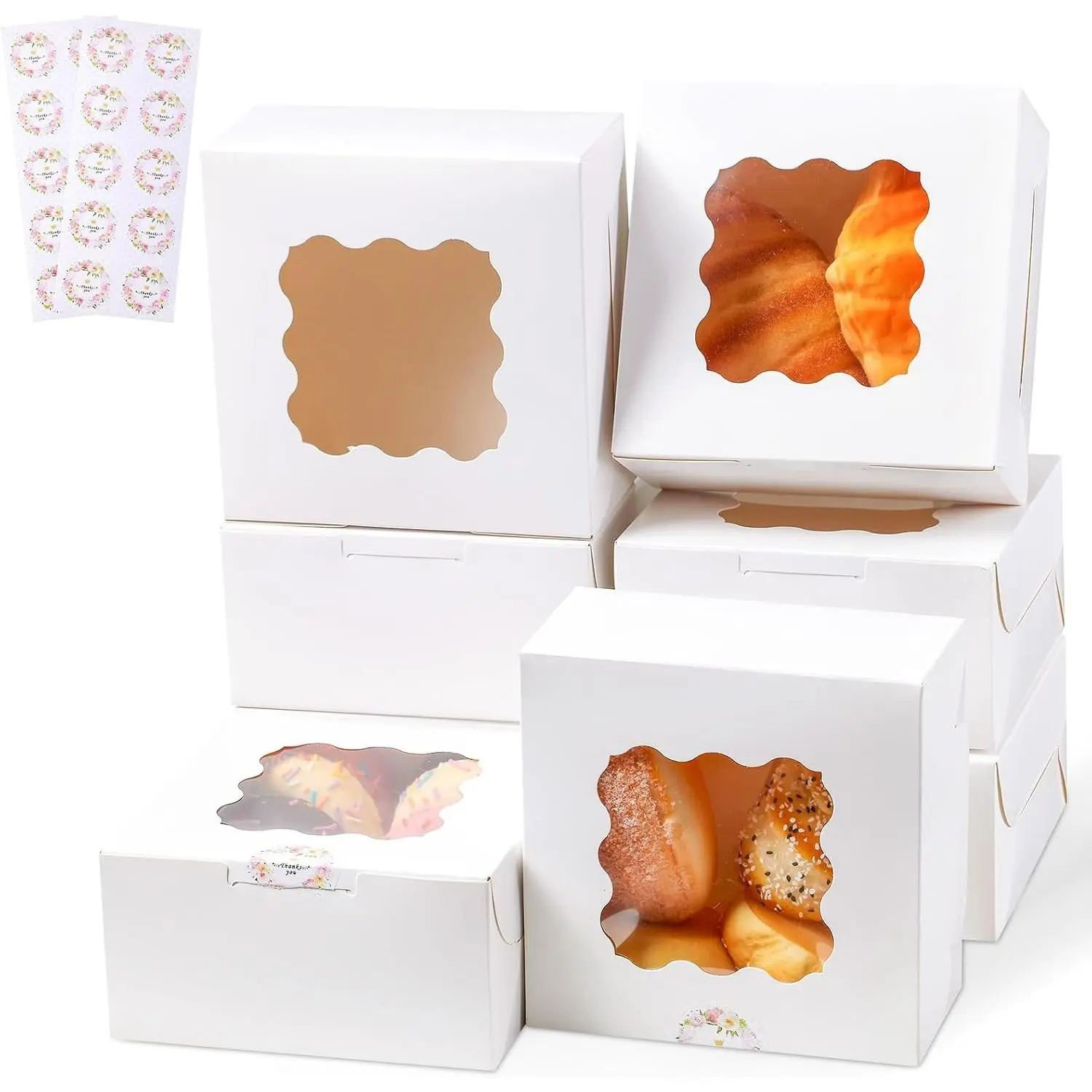 20 Pack Cookie Boxes with Window, 6x6x3 Inches White Bakery Boxes for Treats, Pastries, Desserts & Chocolate Strawberries, Baked Goods Packaging for Holiday Gift Giving