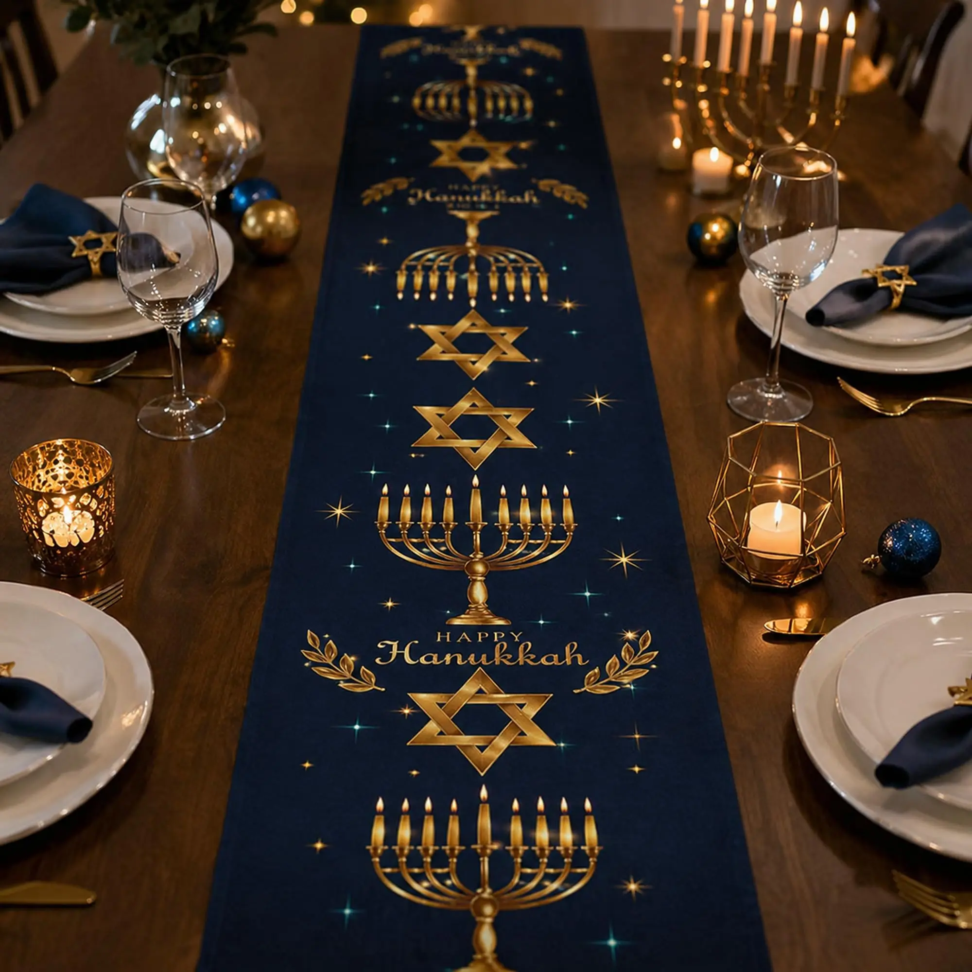 Hanukkah Table Runner, Gold Hanukkah Decorations, David Star Table Setting, Party Essentials, Home Kitchen Supplies