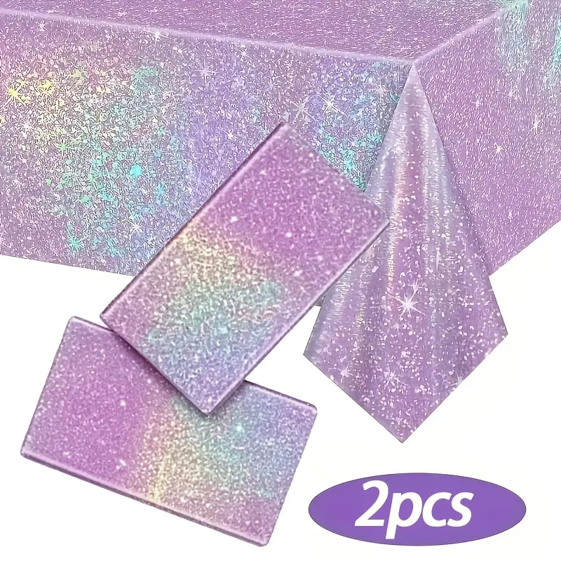 2Pcs Iridescent Glitter Purple Tablecloth, Holographic Sparkly Disposable Table Cover for Birthday Party Decor