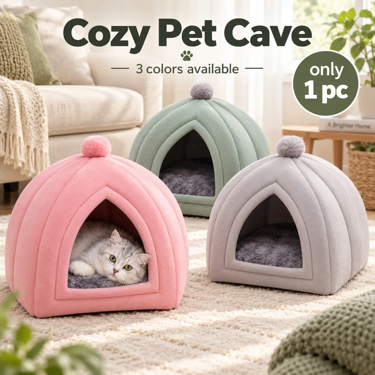 Cozy Cave Cat Bed, Semi-Enclosed Mongolian Yurt Pet House, Warm Washable Pet Nest for Cats & Small Dogs, 4 Seasons Universal Cute Pet Sleeping Bed, Kitten Bed