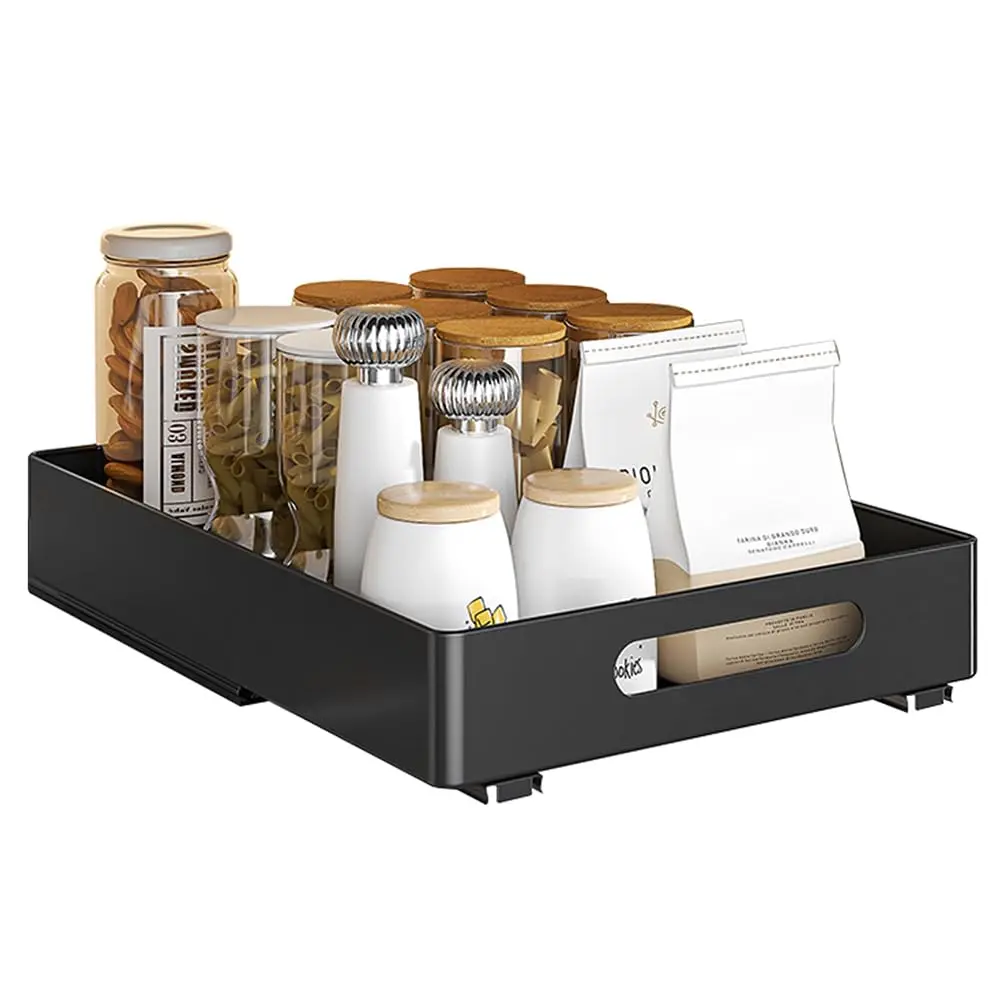 No-Drill Pull Out Cabinet Organizer, Slide Out Shelf with Strong Adhesive, Metal Sliding Storage Rack for Kitchen, Bathroom, Pantry, Black