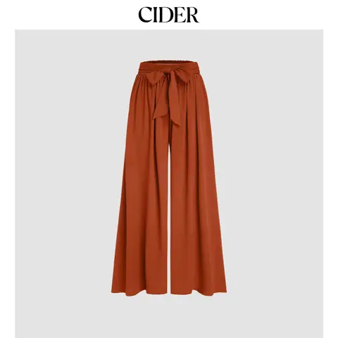 Cider [3 colors, size 2-26] Linen-blend High Rise Bowknot Shirred Wide Leg Trousers