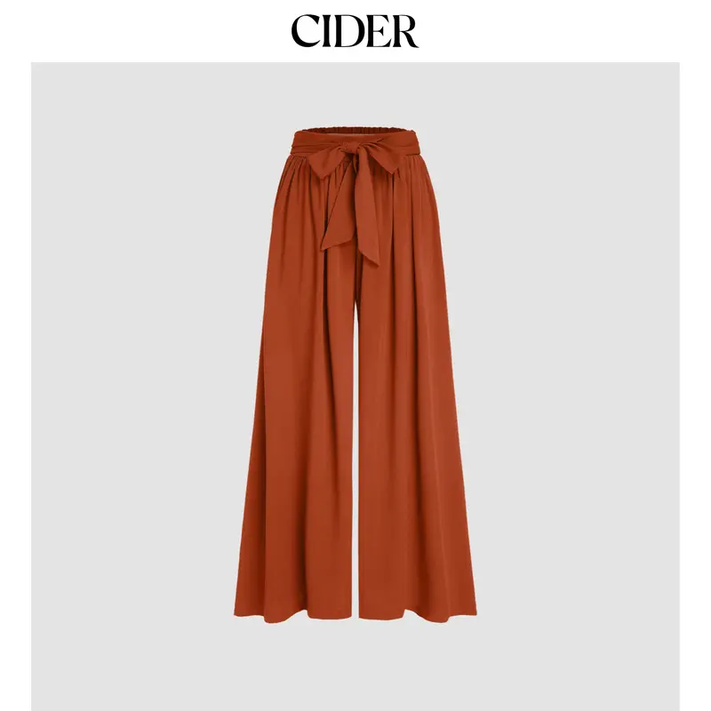 Cider [3 colors, size 2-26] Linen-blend High Rise Bowknot Shirred Wide Leg Trousers