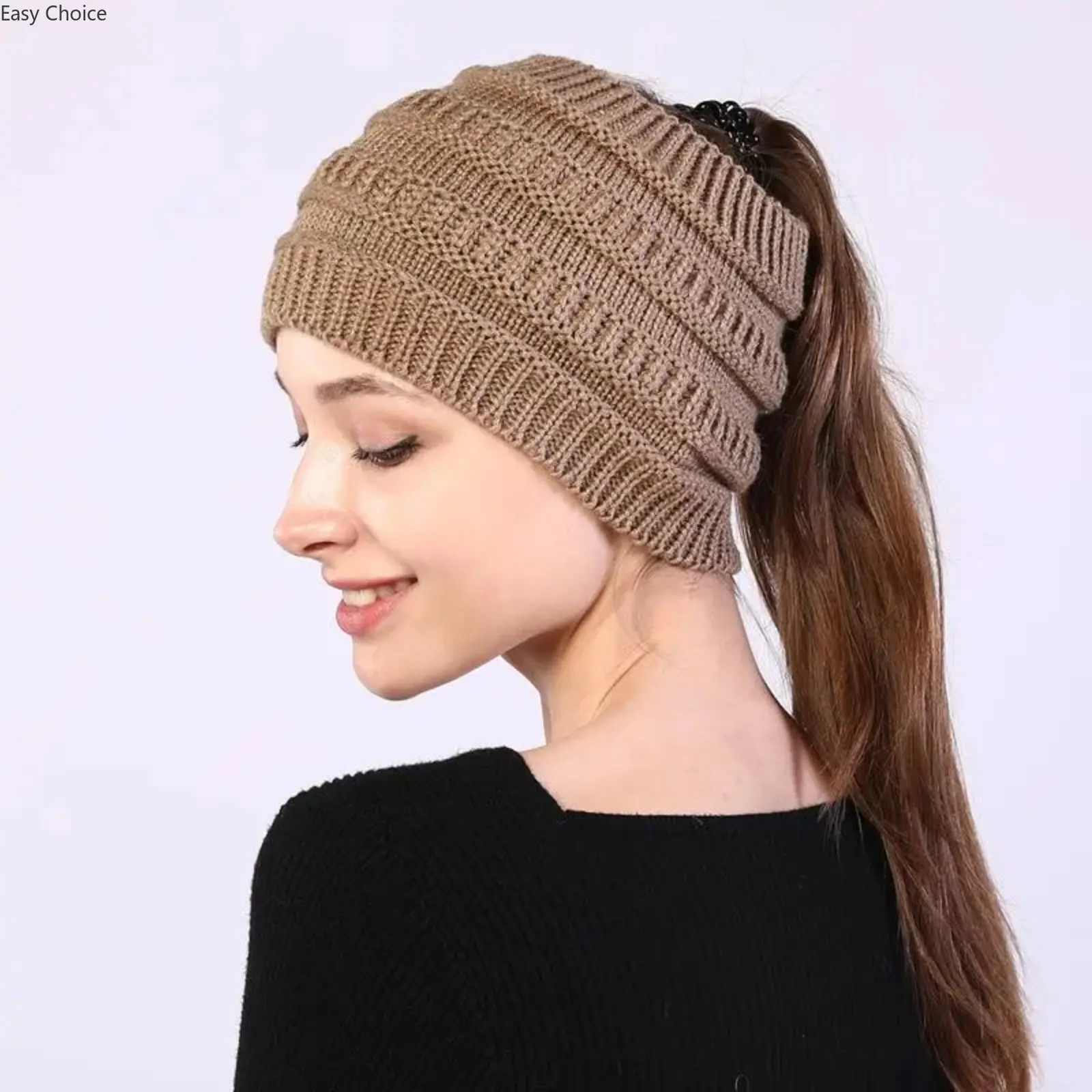 Ladies Solid Knit Open‑Top Hat, Widened Headband Beanie with Ponytail Cutout, Versatile Knit Hat for Business & Everyday Wear