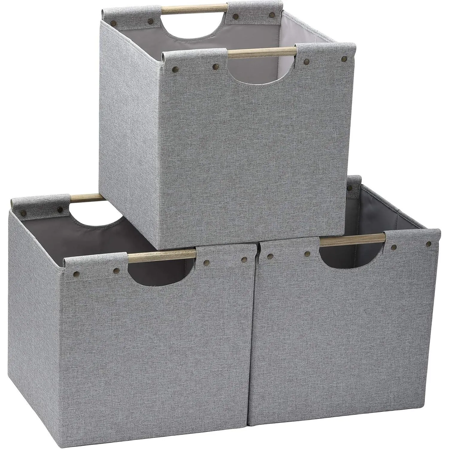 Collapsible Storage Bins, 12x12x12in Storage Cubes Linen Fabric, 3 Pack, Storage Baskets with Wooden Carry Handles and Sturdy Heavy Cardboard, for , Office, , , Light Grey