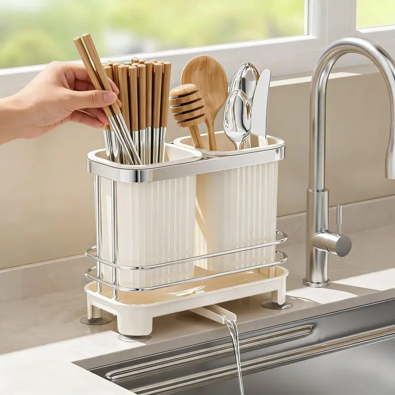 Self-Draining Divided Utensil Drying Rack, Kitchen Countertop Cutlery Storage Caddy with Drip Tray, Stainless Steel Rim Silverware Holder