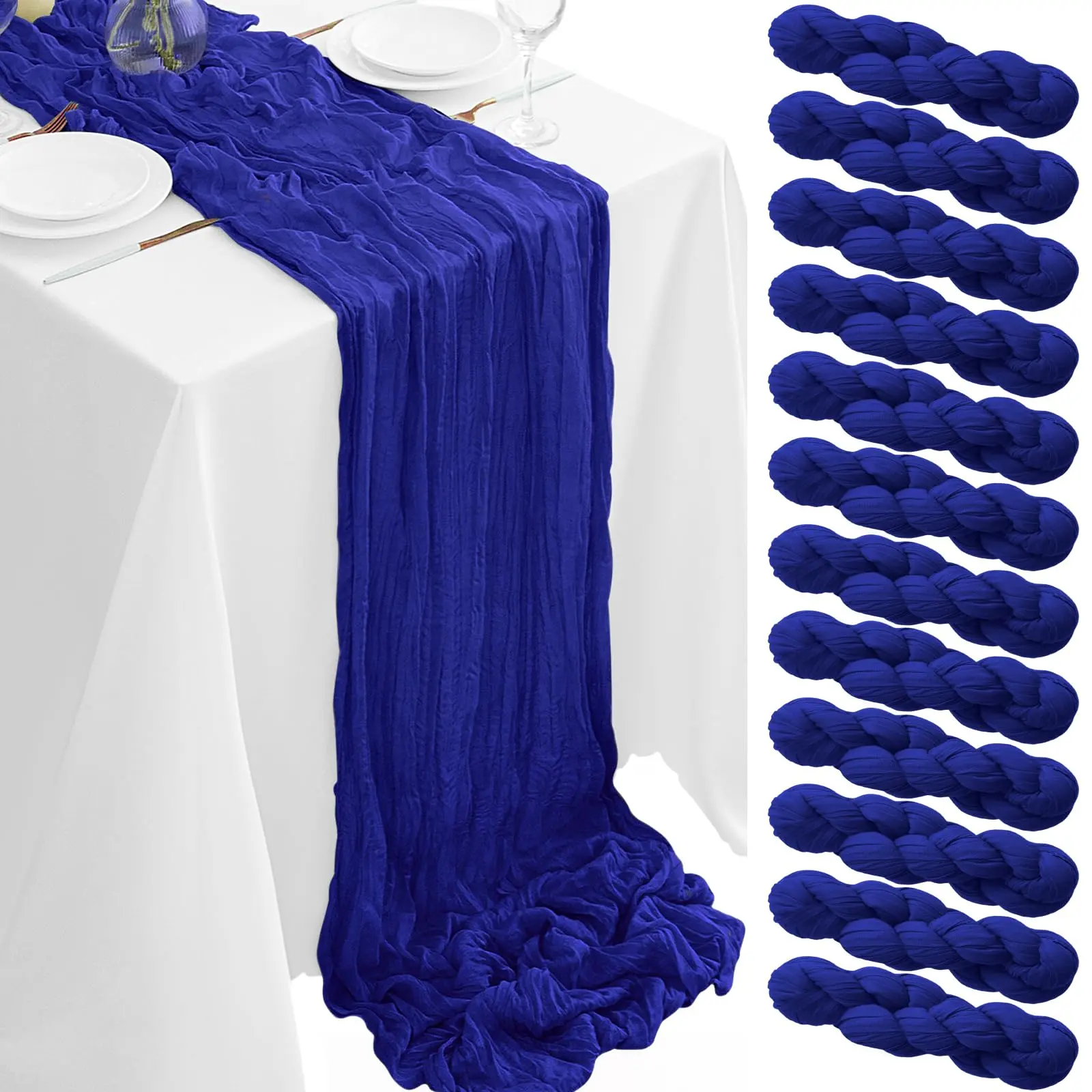 Royal Blue Sheer Gauze Boho Cheesecloth Table Runner (6/12 Pack, 17x108 in) - Durable, Exquisite Edges, Romantic Vibe, Rustic, All Seasons, for Wedding, Home Decor; Avoid Direct Sunlight