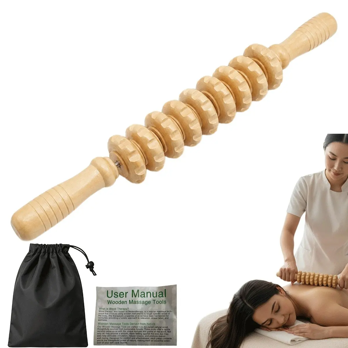 Solid Wood Roller Massage Stick with Nine Wheels, Manual Body Muscle Relaxer for Abdomen, Back, and Legs, Perfect for Self-Massage, Back Massagers, Body Care