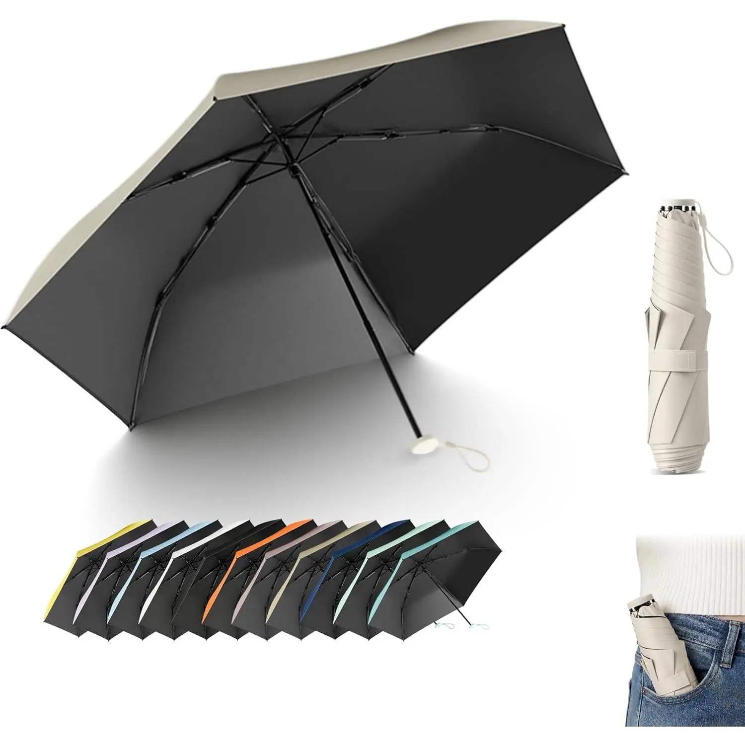 Compact Travel Folding Carbon Umbrella With  Handle for Women Girls  - Portable Parasol,Lightweight,6 Ribs,UV Protection,UPF 50,Rain Sun,Backpack/