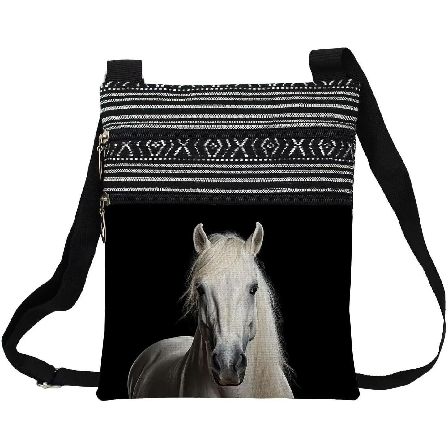 White Horse Messenger Bag Small Ethnic  Printed Adjustable Strap Crossbody Zipper Pouch White Horse Phone Organizer Wallet Cute  Handbag for Women