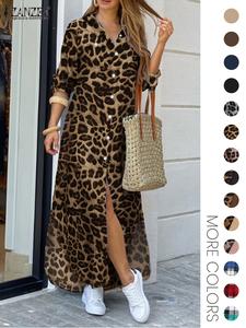 women's leopard print button front flap pocket shirt dress, casual curved hem long sleeve collared long dress for daily wear, ladies clothes for all seasons