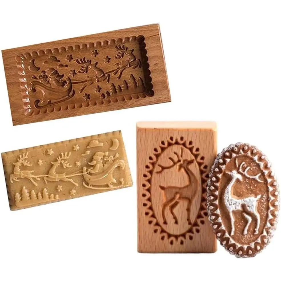 Wooden Cookie Mold Christmas Wooden Baking Mold- Santa Claus  Sled Shape Cake Fondant Press  Embosser  Cake Decor Christmas Carved Kitchen gadgets ( & Sled)