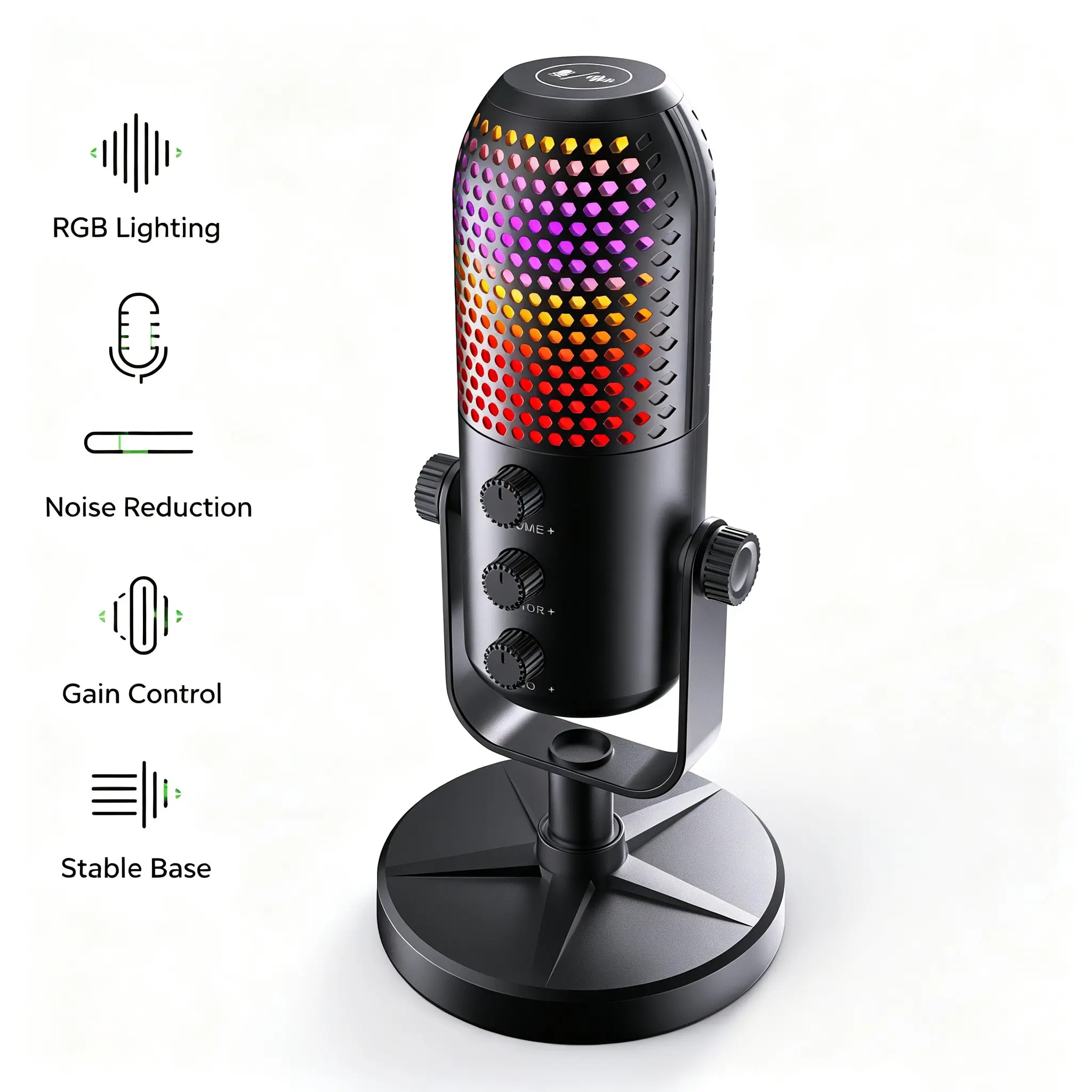 Gaming USB capacitive desktop microphone, RGB dynamic lighting effect+heart-shaped directional noise reduction, one click mute/volume knob/real-time monitoring, suitable for PC gaming, voice recording, podcast and YouTube video creation (black)