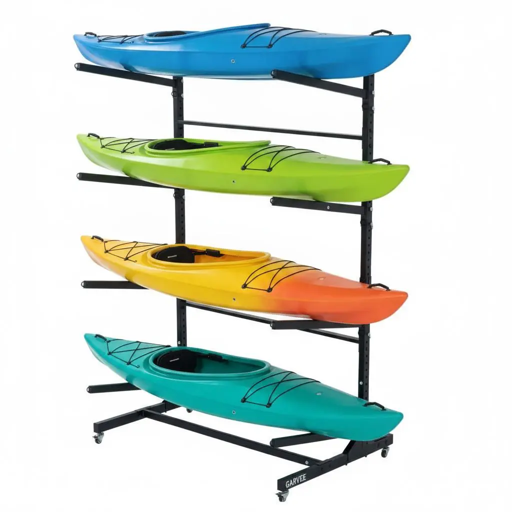 Heavy Duty 2-Tier Freestanding Kayak Storage Rack with Adjustable Wheels & Adjustable Size - Functional Metal Kayaking Gear Stand for Kayaks, Canoes - Indoor/Garage, Portable, Rust-Resistant, Double Layer
