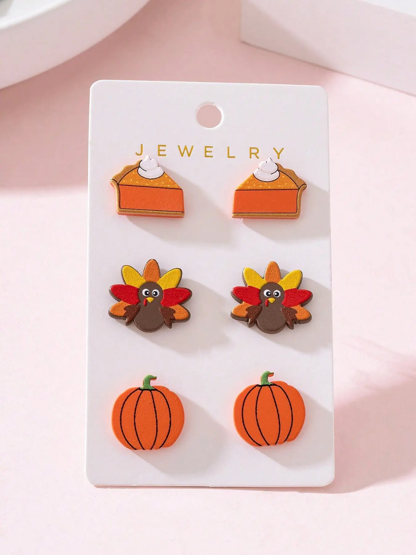 3 Pairs/Set Thanksgiving Cute Pumpkin Pie Turkey Pumpkin Enamel Design Women's Earrings Set, Perfect Gift For Holiday Party, Pierced Earrings Set
