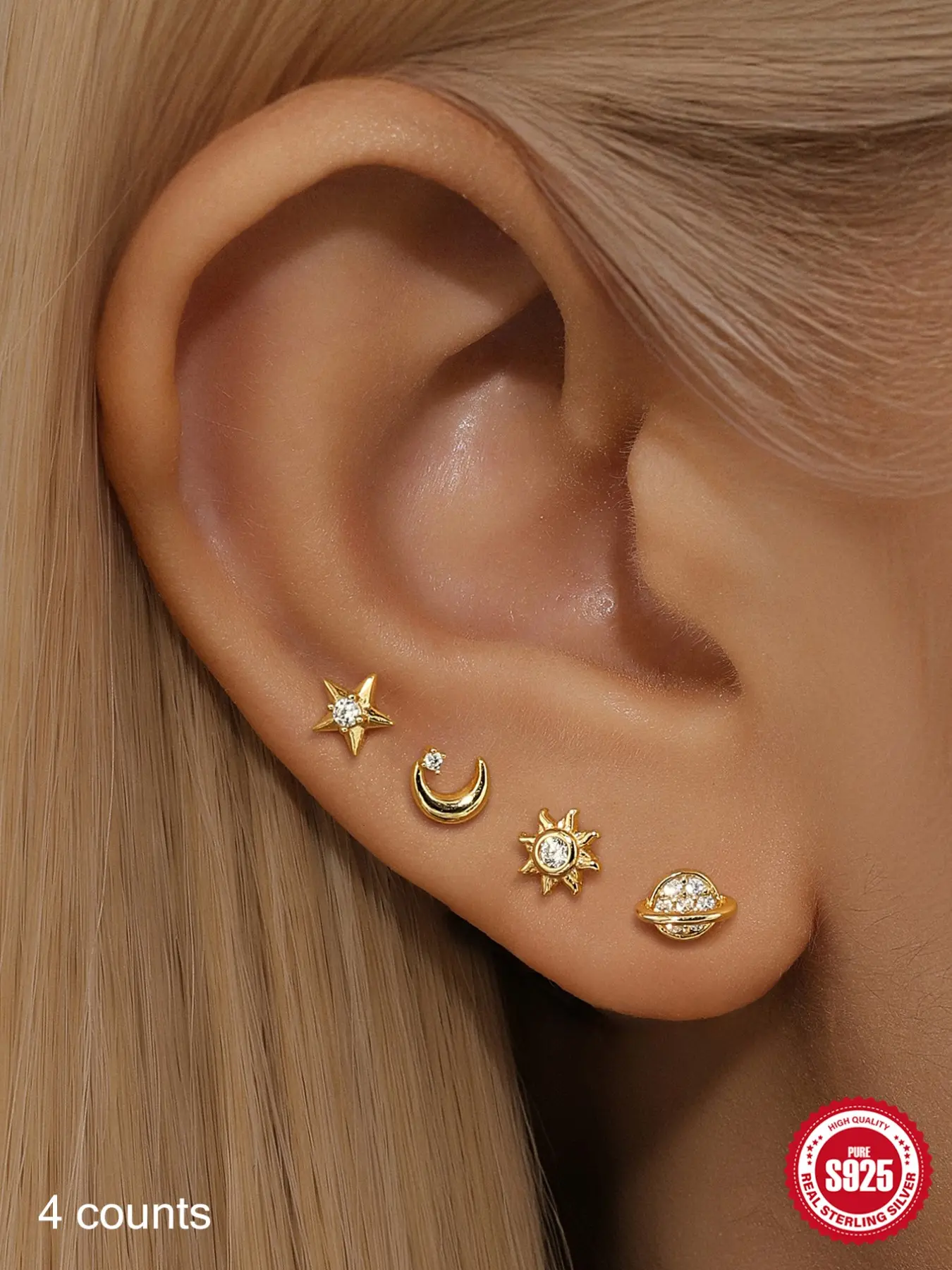 4PC 18K Gold Plated S925 Silver Studs Pack, Comfortable Dainty Celestial Star Moon Curated Ear Piercing Set, Daily Wear Office Aesthetic Casual, Perfect Birthday Mother’s Day Christmas Gift for Men Women Wedding Set