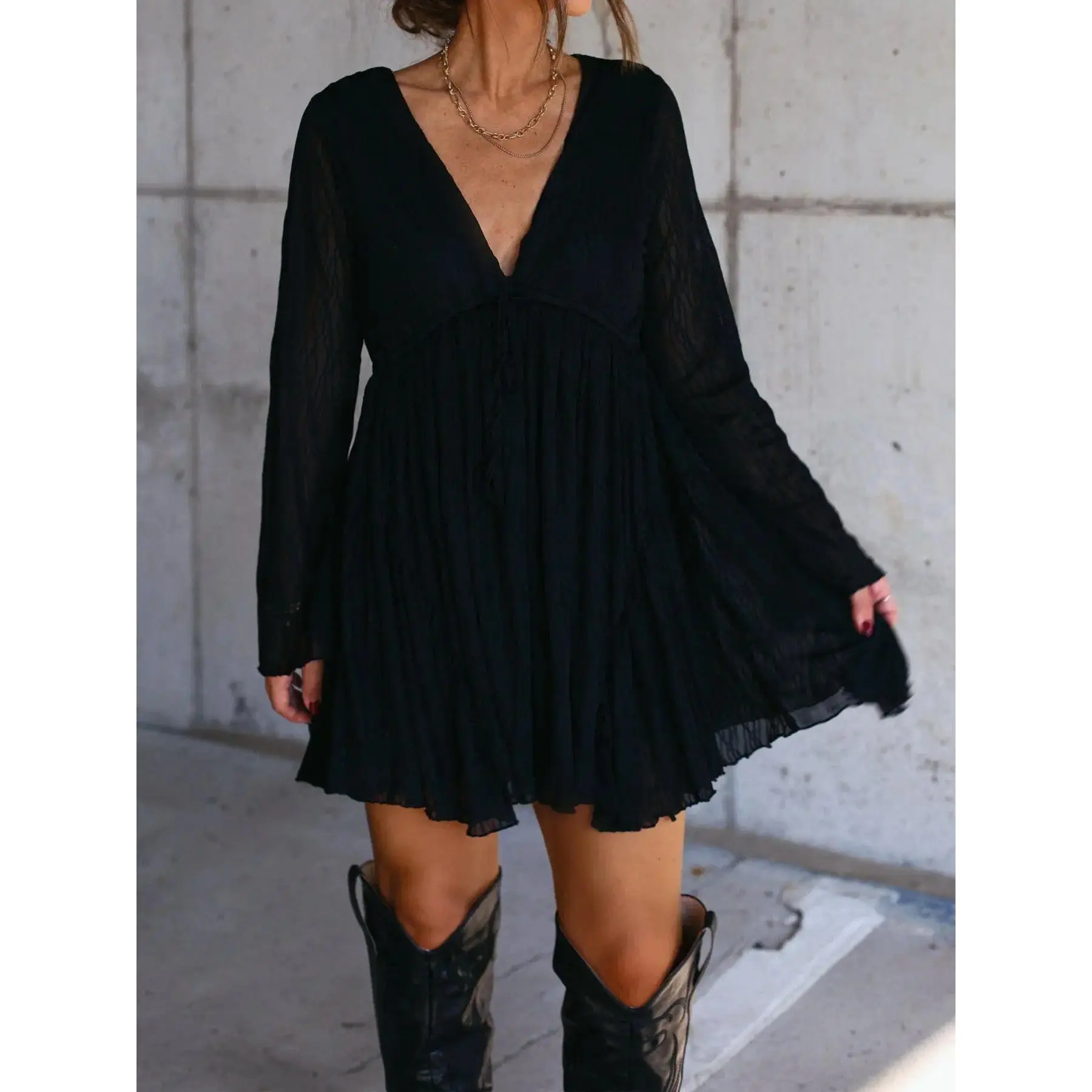 Women’s V Neck Long Sleeve Mini Dress with Built-In Shorts, Vintage Loose Fit Solid Dress, Elegant Spring Fall Party Outfit