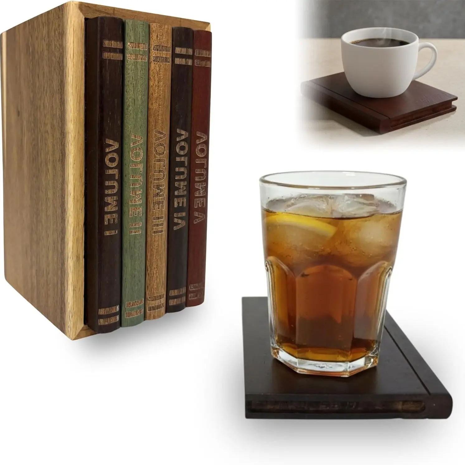 Book-Shaped Coasters Set of 5, Geometric Pattern, Includes Wooden Stand, Retro Style, Ideal for Living Room and Coffee Corner Decor