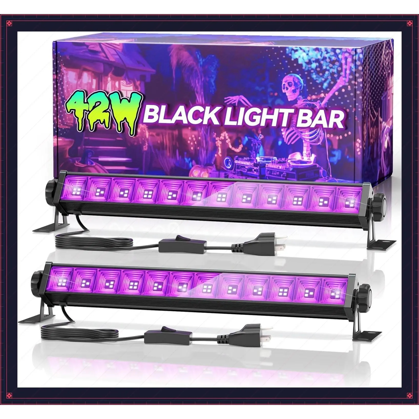 2 Pack 42W LED Black Light Bar, Glow Party Supplies, Halloween Blacklight | 6FT Cord+Switch+Plug, for Neon Parties, Fluorescent Poster Tapestry, Body Paint, Classroom, Bedroom, for CabinetGift