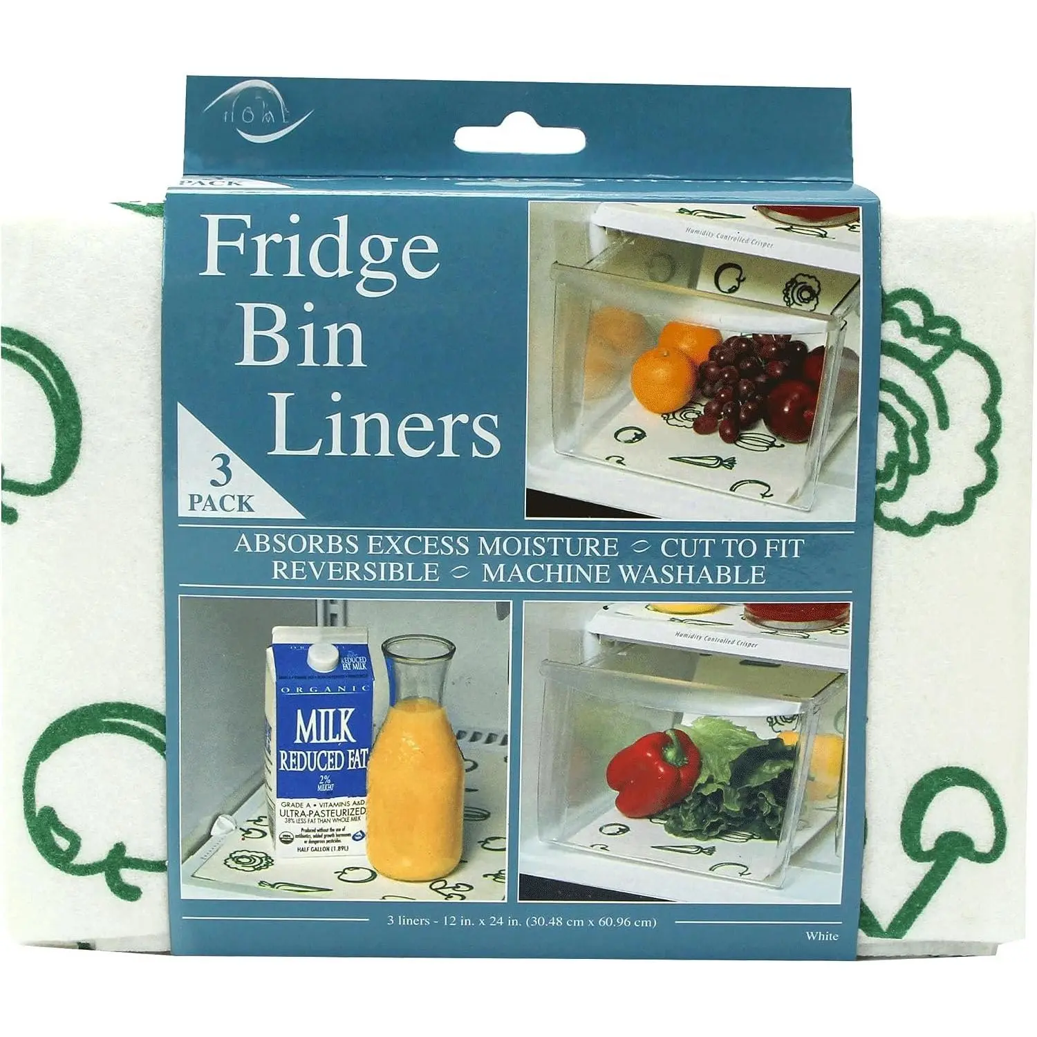 Refrigerator Liners, Shelf Liner, Absorbent Fridge Liners, 12 Inch x 24 Inch, Veggie Print, 3 Pack