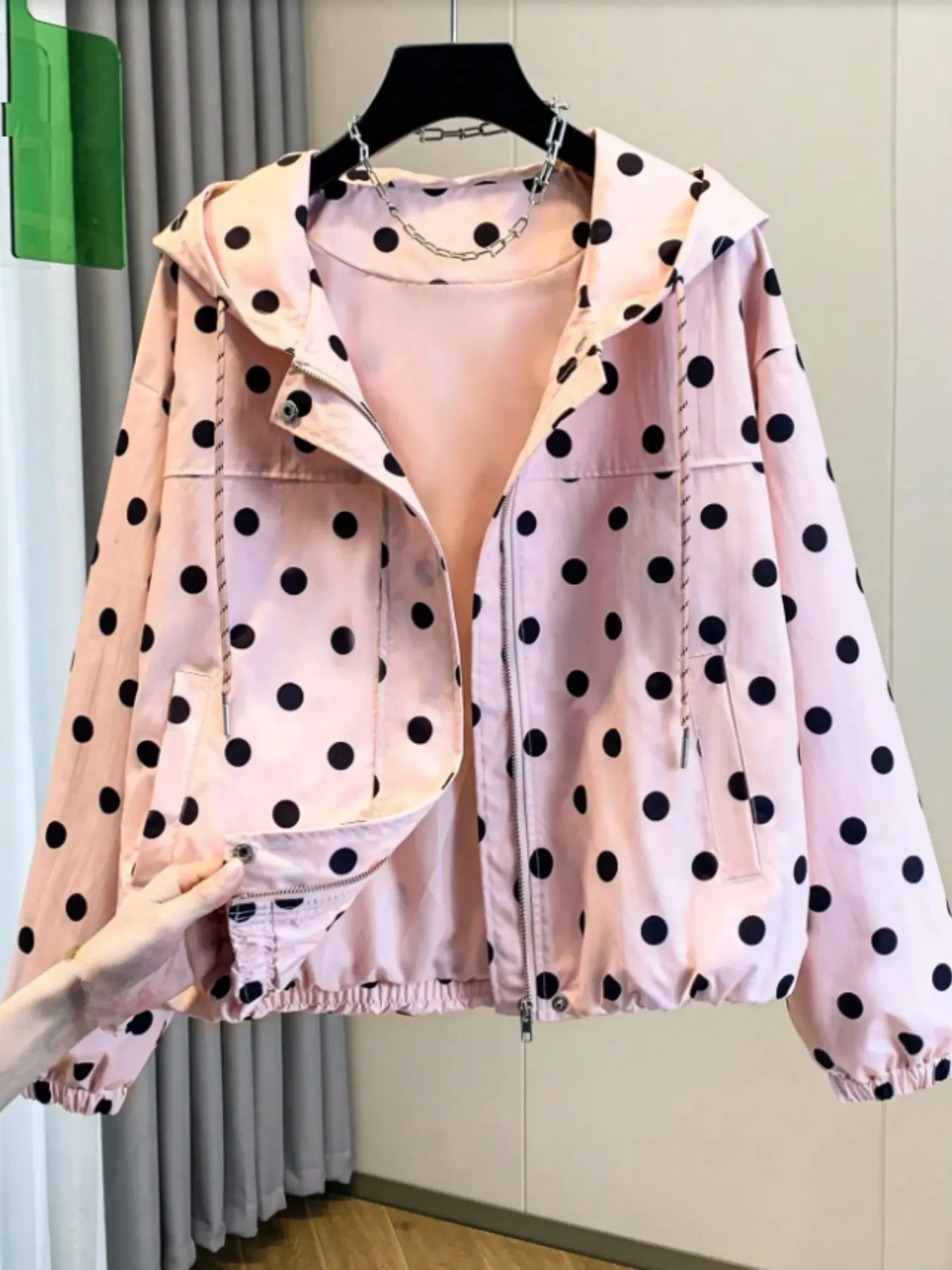 Women's Fashion Polka Dot Hooded Short Jacket, Casual Commute Outerwear, Trendy Versatile Coat, European and American Style