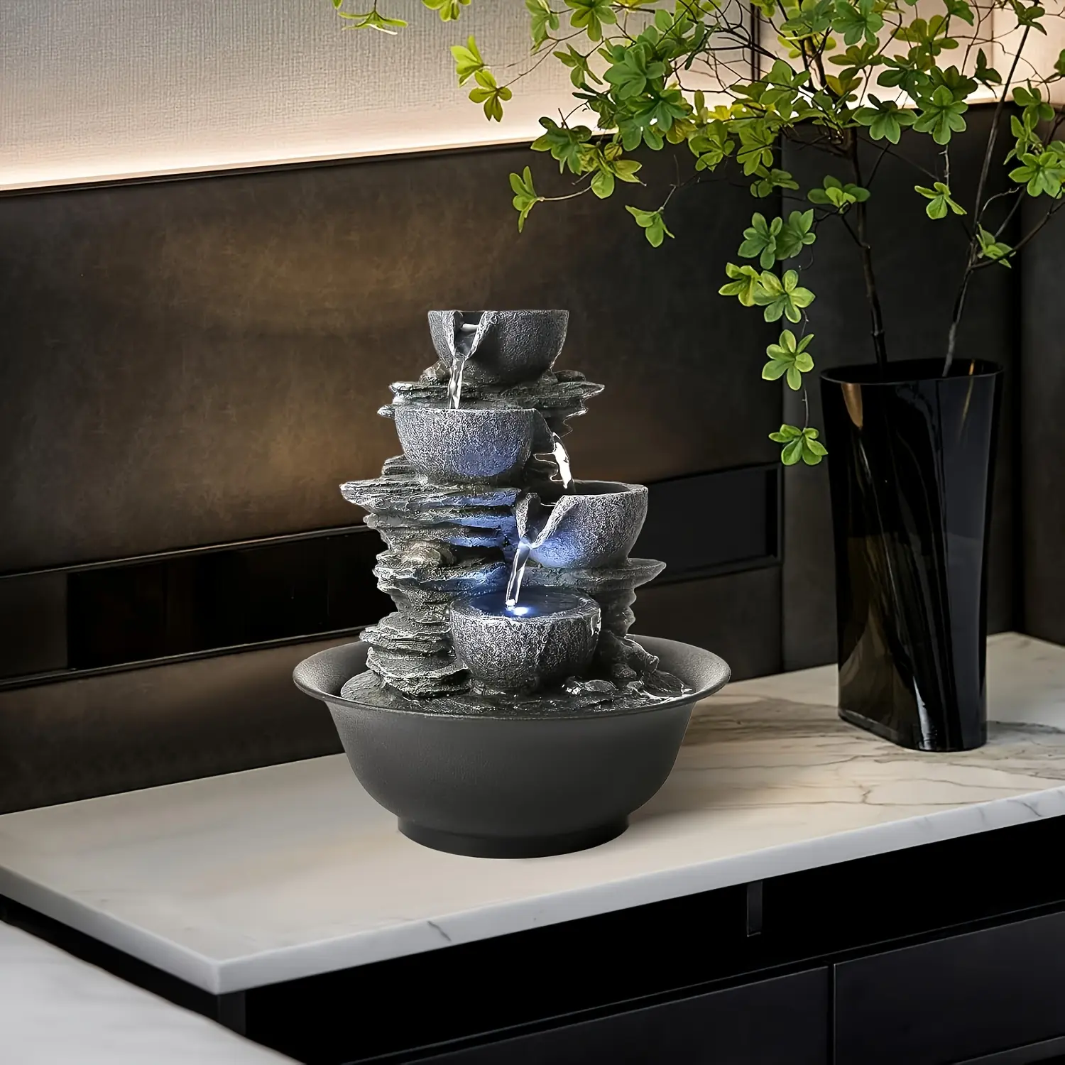 1pc Resin Tabletop Waterfall Fountain with LED Lights, Plug-In Realistic Rock Design Indoor Fountain, Creates Soothing Calming Ambience, Decorative Water Feature for Bedroom, Living Room, Office and Meditation Space