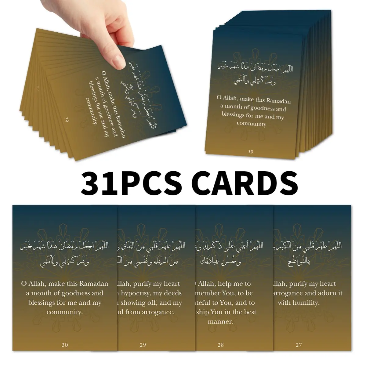 31pcs Daily Ramadan Dua Bilingual Cards, Ramadan Prayer Cards, 30-Day Pocket-Sized Ramadan Supplications Cards for Spiritual Strength, Gratitude & Protection, Eid Gift for Family & Friends