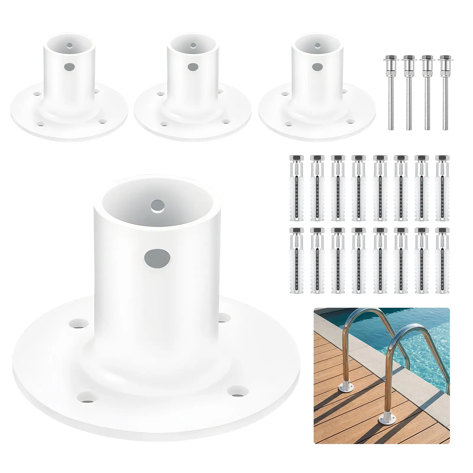 VEVOR Deck Anchor Flange 4 Pack, 1-7/8 in Pool Ladder Deck Mount, Handrail Anchor with Stainless Steel Mounting Hardware, Premium Aluminum Alloy Flange for Inground Swimming Pool Ladder, White